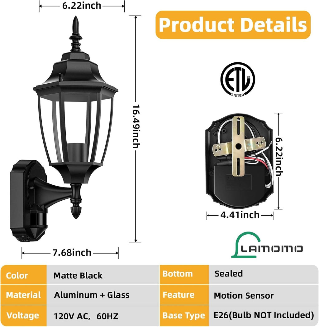 Lamomo Motion Sensor Outdoor Wall Lights Fixtures, 2-Pack Porch Lamp